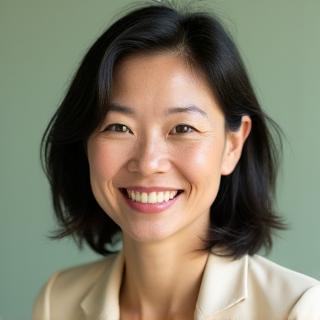 Sarah Chen, a compassionate and knowledgeable woman in her late 30s, signifying expertise in plant-based health and wellness coaching.