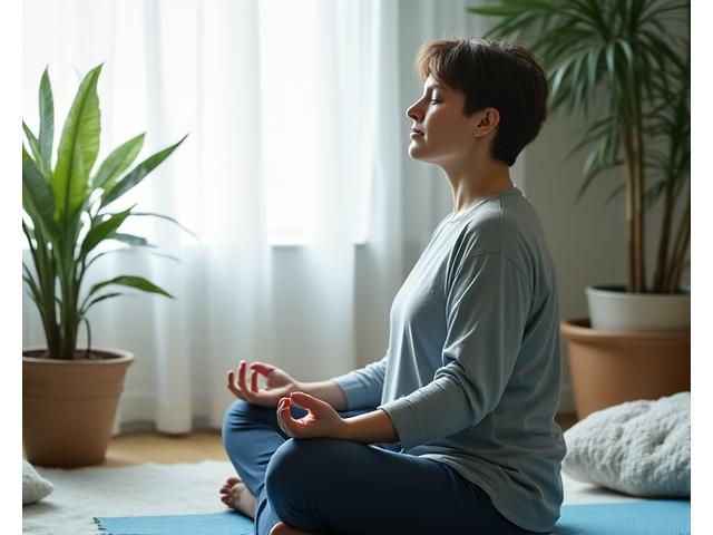 Person meditating in a calm, natural setting