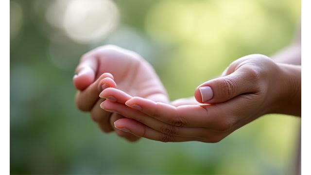 Hands held gently, palms up, illustrating a breathing exercise.