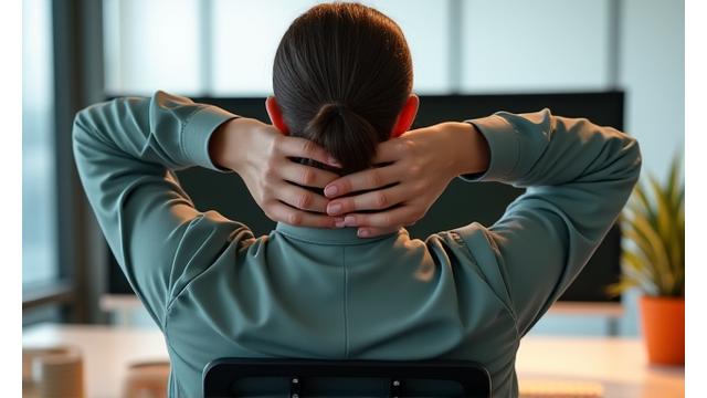 A person performing a gentle strech at a desk, practicing desk yoga.