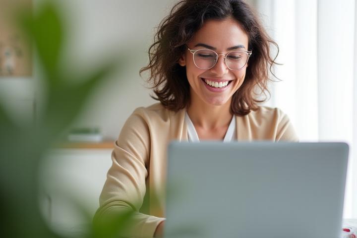 Woman smiling during an online wellness consultation on a laptop, displaying a personalized health plan.