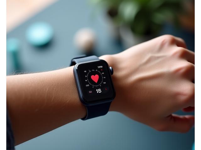 High-tech smart watch displaying heart rate, with a yoga mat in the background.