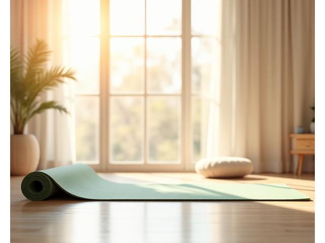 Yoga mat unrolled on a polished wood floor, with light streaming through a window.