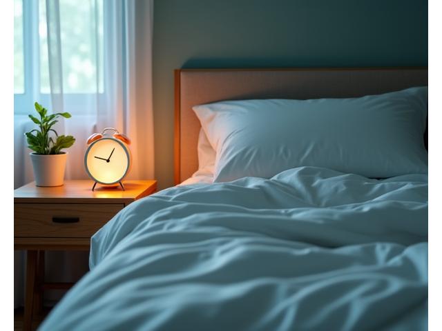Comfortable bed with soft linens and a glowing alarm clock, conveying tranquility.