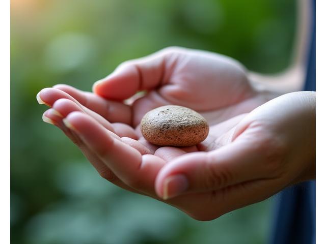 Close-up of hands gently holding a smooth, polished worry stone, symbolizing calm.