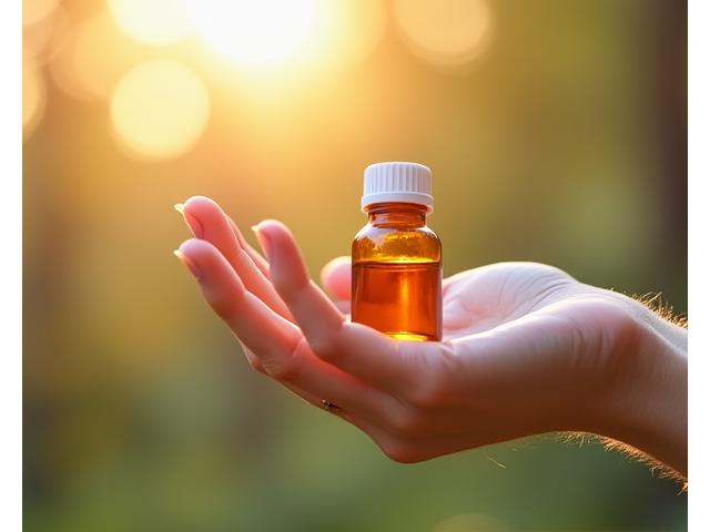 Close-up of a hand gently holding a small bottle of Vitamin D supplements, morning light.