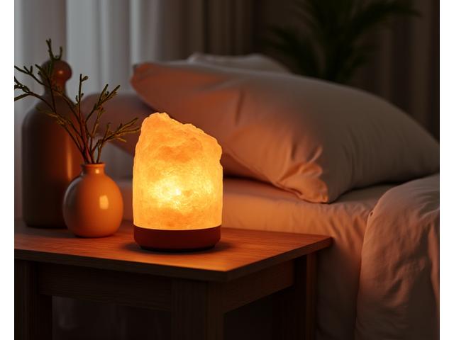 Warm, amber-toned Himalayan salt lamp radiating a soft glow in a cozy bedroom setting.