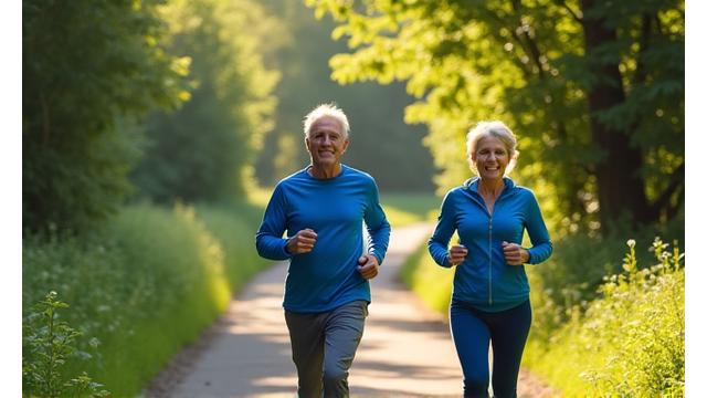 Energetic man and woman in their 50s trail running in a lush, green outdoor setting, symbolizing active aging.
