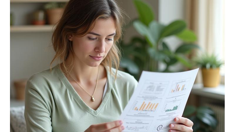 Woman (40s-50s) looking thoughtfully at a diagram related to health and wellness, with a calm, inviting environment.