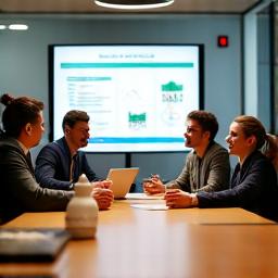 A diverse professional group collaborating enthusiastically in a modern meeting space, representing corporate wellness solutions.