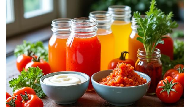A variety of colorful fermented foods and probiotics elegantly arranged, representing gut health.