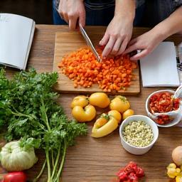 Hands-on learning session with participants actively engaging with healthy food ingredients and notepads.