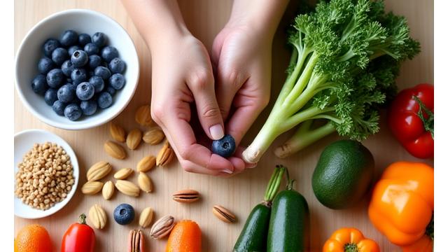 Close-up of fresh, colorful vegetables being chopped on a wooden board, signifying mindful eating.
